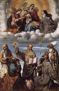 MORETTO da Brescia Saint Bernardino with Saints Jerome,Joseph,Francis and Nicholas of Bari,Virgin and Child in Glory with Saints Catherine of Alexandria and Clare oil painting